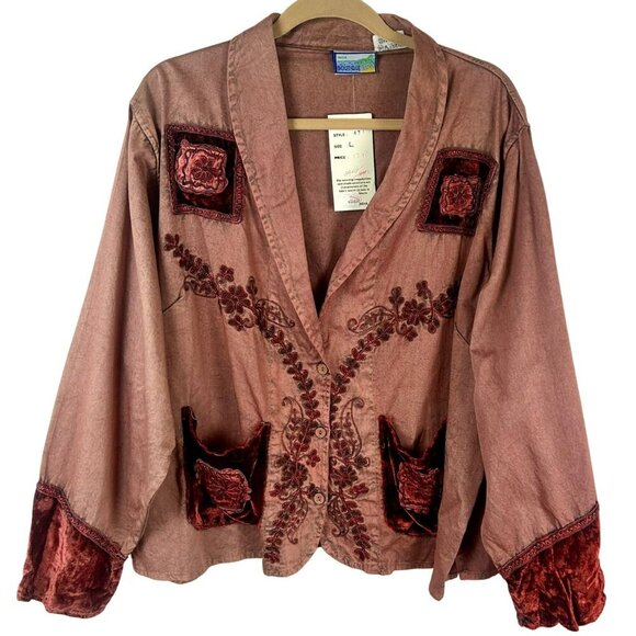 NEW‎ India Boutique Embroidery Jacket Women Large Red Rust Lagenlook Hand Dye - Picture 1 of 7